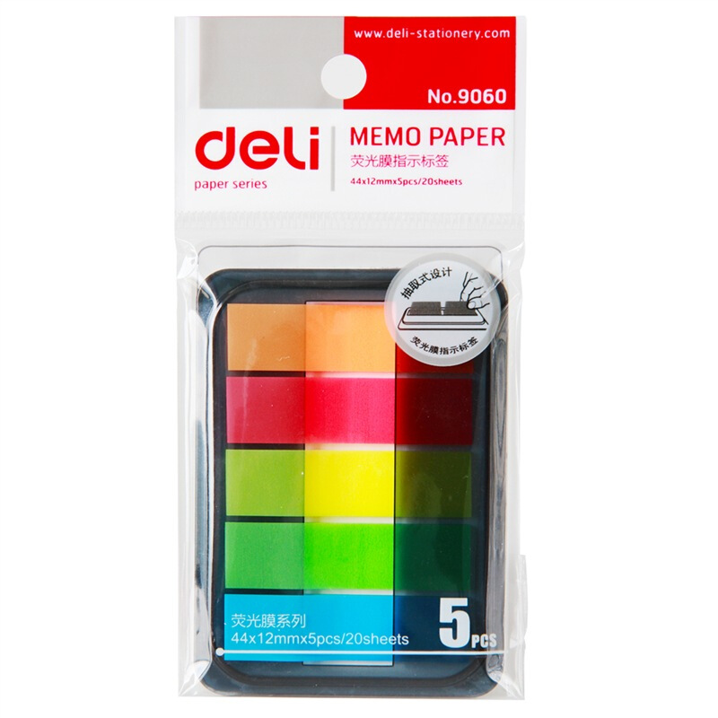 得力（deli） 9060 熒光指示標(biāo)簽/便簽條/便利貼/百事貼 44*12mm 5色*20張_http://m.bzsa.cn/img/images/C201902/1551161799805.jpg