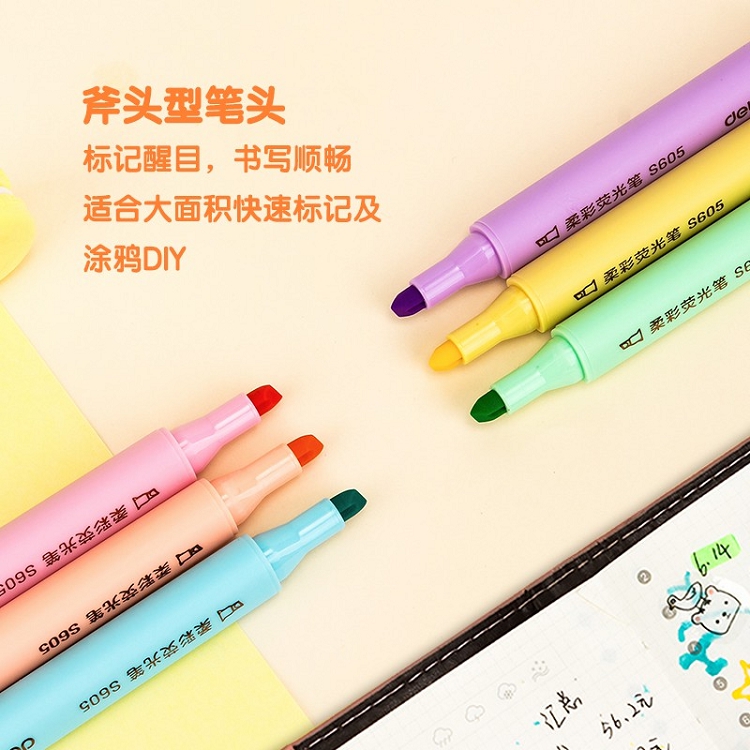得力（deli）雙頭熒光筆重點(diǎn)醒目劃線筆標(biāo)記筆記號筆彩色筆套裝辦公學(xué)生文具 6支/盒 三角桿熒光筆S605_http://m.bzsa.cn/img/images/C202103/1615972936195.jpg