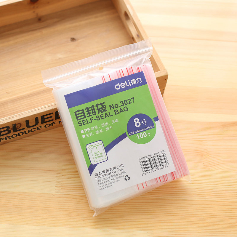 得力（deli） 3027 自封袋(透明)-8號(100個(gè)/包)240ｘ170mm0.04mm_http://m.bzsa.cn/img/sp/206/8c57c53e-24cf-4d6c-a371-3fd0c02cb402.jpg