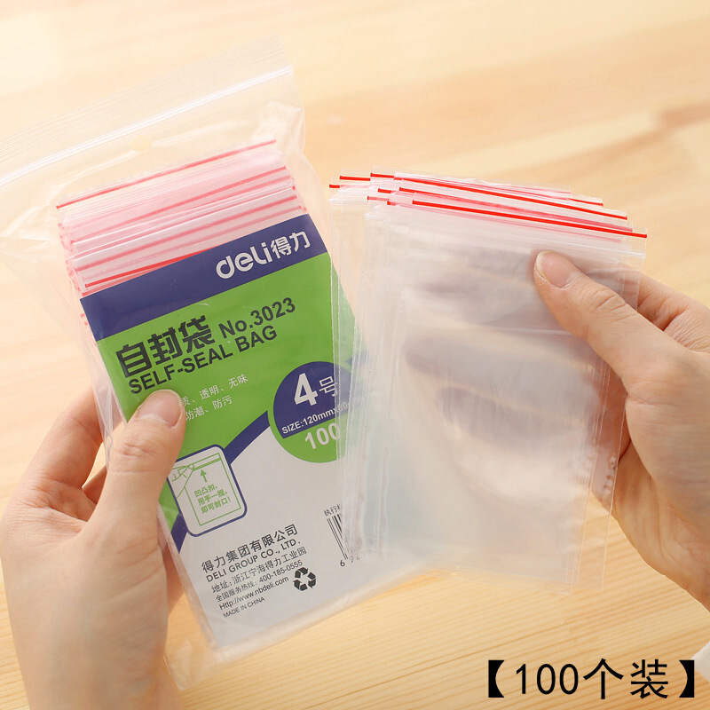 得力（deli） 3023 自封袋(透明)-4號(100個(gè)/包)120ｘ85mm0.04mm_http://m.bzsa.cn/img/sp/206/979e20f0-fc7b-4924-ae16-ea41a488d845.jpg
