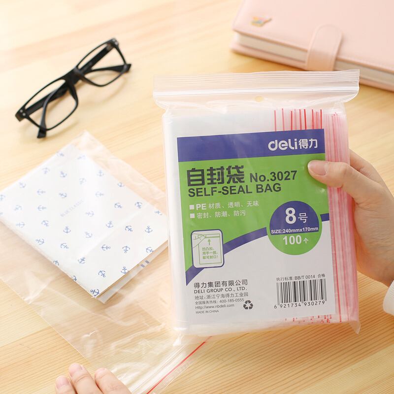 得力（deli） 3027 自封袋(透明)-8號(100個(gè)/包)240ｘ170mm0.04mm_http://m.bzsa.cn/img/sp/206/af8befdc-1ad5-4329-9360-ce721e30343f.jpg