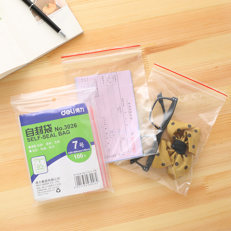 得力（deli） 3026 自封袋(透明)-7號(100個/包)200ｘ140mm0.04mm_http://m.bzsa.cn/img/sp/206/c5f1a81b-3433-4b02-b273-1880ed038910.jpg